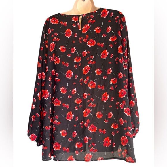 NY Collection Holiday Black Red Floral 1X Long elastic sleeve Poppy Pullover - Picture 3 of 5